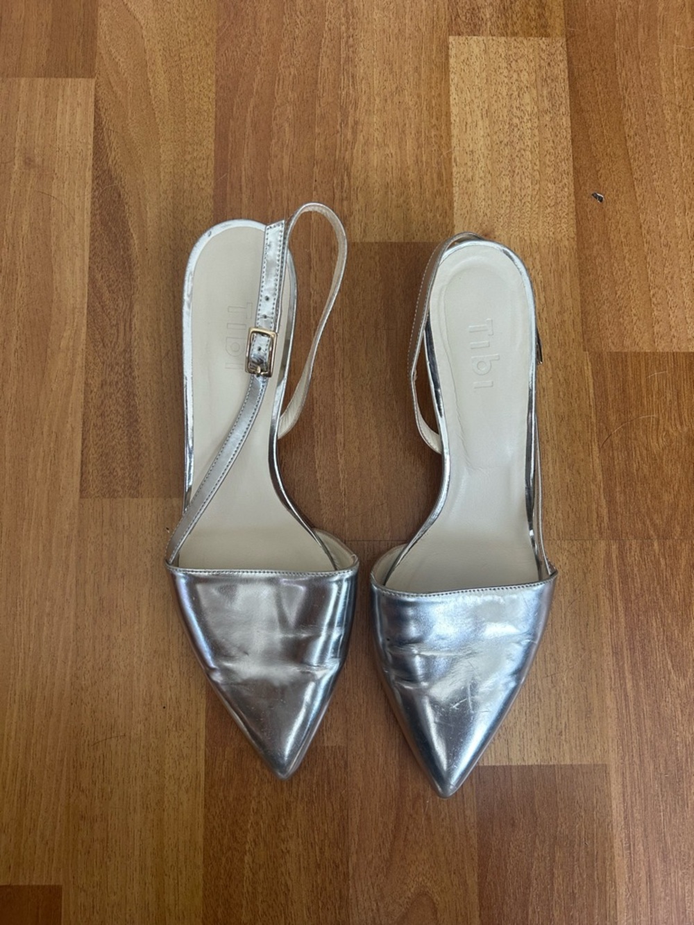 Tibi Metallic Silver Pointed Slingback kitten heel Pumps